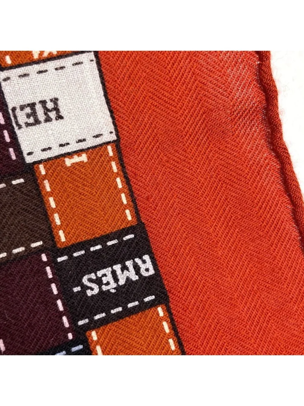 Hermes Carre 140 Bolduc AU Check Scarf Cashmere Silk Orange Multicolor